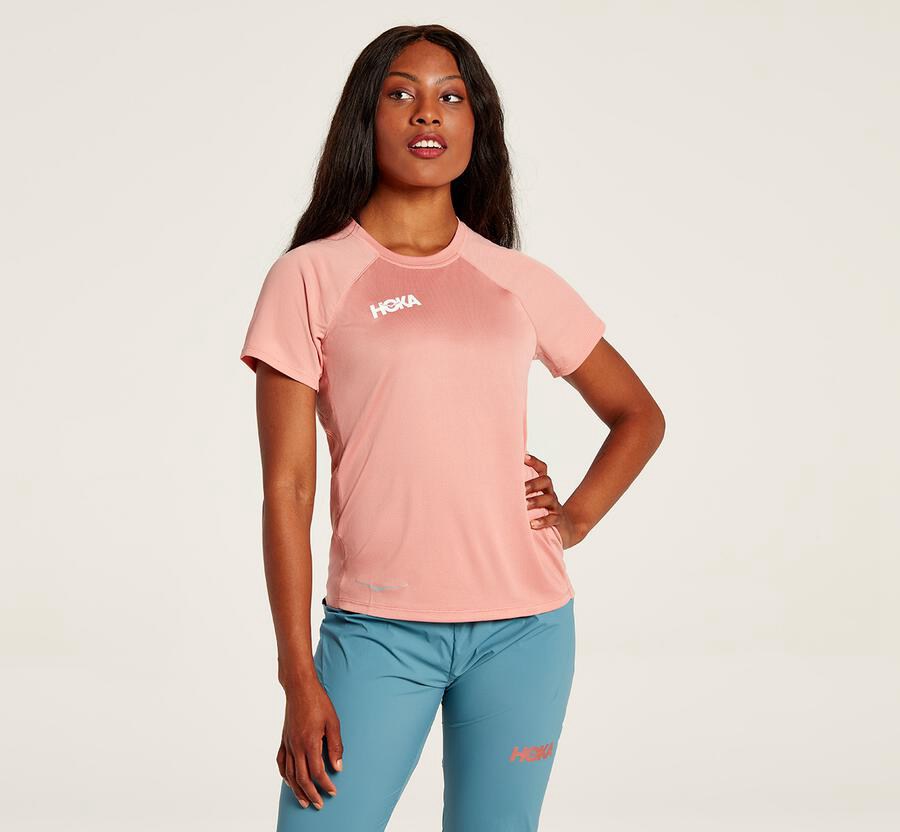 Hoka One One Womens Tops - Performance Short Sleeve - Pink - HRNK46893